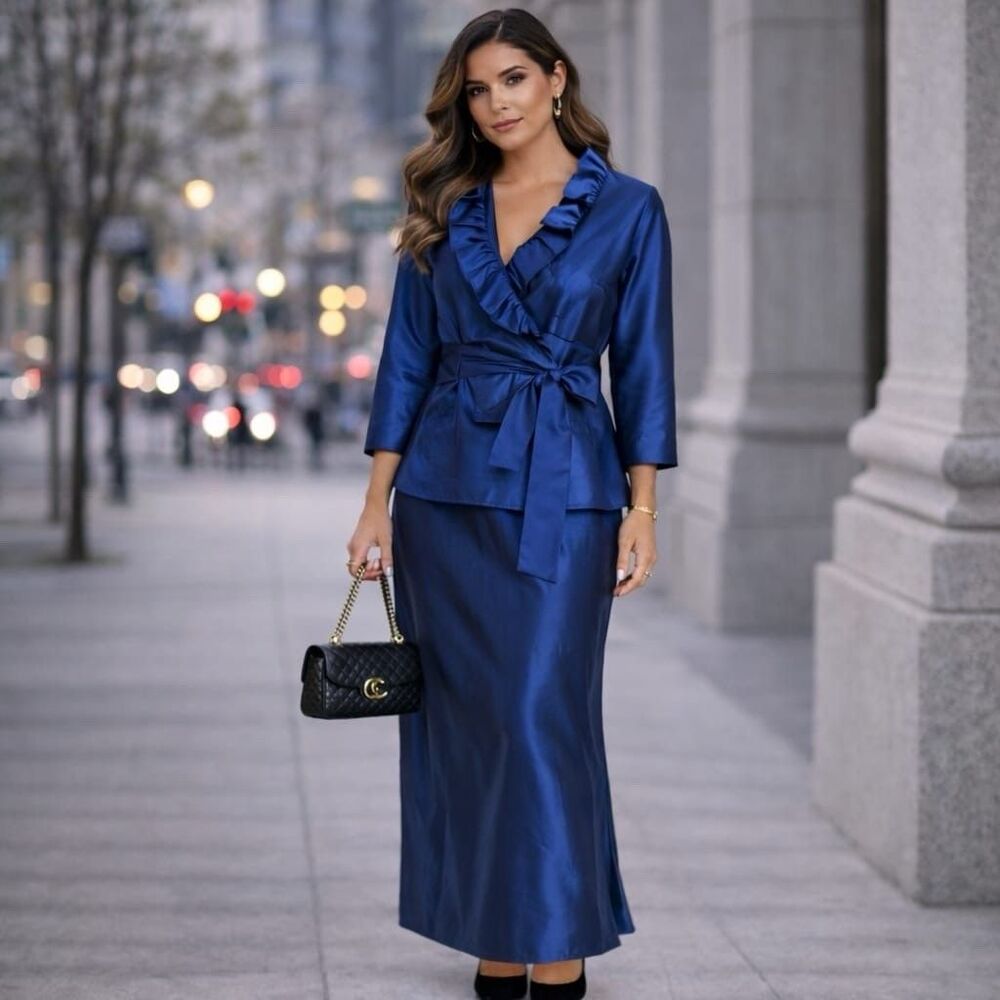 TERI JON Rickie Freeman SET 100% SILK Size 6 Tie Blazer Jacket + Maxi Skirt Navy